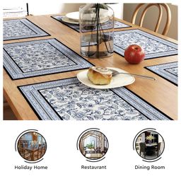 Encasa XO Dining Table Mats Set of 6 | Indigo-02 Block Printed Cotton Canvas Placemat - 46x32 cm | Jaipur Sanganeri Hand Print image 5