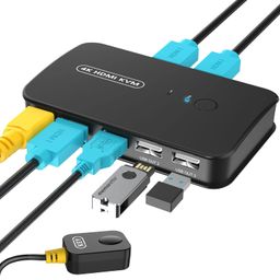 jancane KVM Switch HDMI 2 Port Box, USB 2.0 Switch for 2 Computers Share Keyboard Mouse Printer and one HD Monitor, Support UHD 4K@30Hz, with Remote Controller and 2 KVM Cables image 1