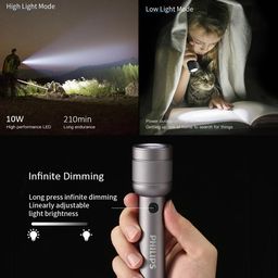 PHILIPS Portable Torch Light, 910LM Rechargeable Flashlight with 3 Lighting Modes, 300 Meter Coverage, IP55 Waterproof, Handheld Flash Light for Home, Camping, Hiking, Emergency（Gray） image 3