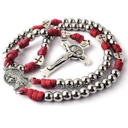hanlincc Large and Heavy Stainless Steel Beads Sturdy Durable Paracord Rosary Necklace for Men with St. Michael Centerpiece and St. Benedict Crucifix image 5