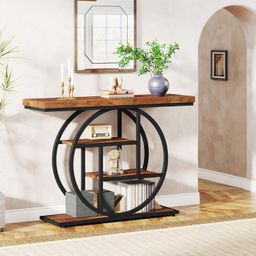 Tribesigns 41.3" Console Table, Industrial 4-Tier Sofa Table Entryway Table with Circle Base, Narrow Wood Accent Tables with Storage Shelves for Living Room, Hallway, Foyer, Rustic Brown image 4
