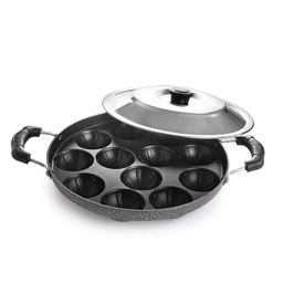 CELLO Non-Stick 12 Cavity Grill Appam Patra 2 Side Handle with Stainless Steel Lid | Appam Maker | Appam Patra | Appam pan | Litti Maker | Appe Stand image 1
