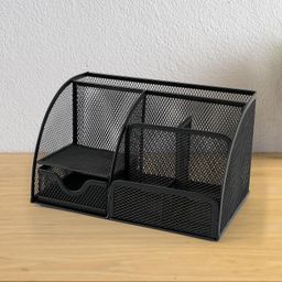 Kuber Industries Multipurpose Mesh Metal Stationary Combine Storage Box with 6 Compartments | Office, Reception & Study Table Desk Organizer | Pen-Pencil & Files Holder with Drawer image 1