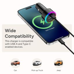 Ambrane 85W Car Charger, Mobile & Laptop Charging (Macbook & Type C Laptops), RGB Light, Dual Port Fast Charging, 65W Type C PD, 20W USB, Works with iPhone, Android, iPad & other Devices (Black, C85R) image 4