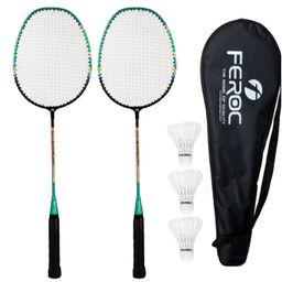 FEROC Aluminium Badminton Racket Set of 2 With 3 Pieces Feather Shuttles With Full Cover Fulfilled By Amazon. (Multicolor) image 1