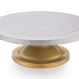 TEX-RO Cake Decorating and Icing Turntable/Serving Stand, Signature Edition 360° Smooth Rotating Cake Stand, Silver Top & Golden Bottom, 12 Inch (30 cm) Diameter Fiber Cake Turntable (Silver,Gold) image 1
