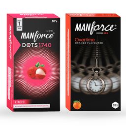 Manforce Overtime Orange & Litchi Flavoured Condoms for Men| 20 Count (Pack of 2)| Extra Dotted| Lubricated Latex Condoms image 1