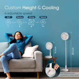 AGARO Grand Foldable Stand Fan with Remote Control, Rechargeable, 4 Speed, Copper Brushless Motor, Height Adjustable & Foldable Design, Travel Fan, Portable, Low Noise, Home, office, White image 3