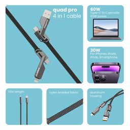 Stuffcool Quad Pro 4 in 1 Metal Flat Braided Indestructible Cable 1.5m 60W with lightning to type C, type C to C, Lighting to type A compatible for iPhones, iPads, Macbooks, Type C Laptops (Grey) image 2