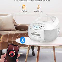 Greadio Boombox CD Player Portable Cassette Player with Bluetooth, FM Radio with Remote Control, AUX/USB Playback, Cassette Recorder, AC Cable/Battery Operated, LCD Screen for Kids (Ivory) image 4