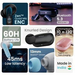 Boult Audio Z20 Pro Truly Wireless Bluetooth Ear Buds with 60H Playtime, 4 Mics Clear Calling, 45ms Low Latency, Rich Bass Drivers, Touch Controls, IPX5 TWS Earbuds Bluetooth Wireless (Powder Blue) image 2