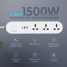 Bestor VoltEdge Pro Power Plate 6 Multi Plug 1500W 2 USB Port and 1 Type-C Port 3 Socket Extension Boards (White, 1.5 m, with USB Port) image 2