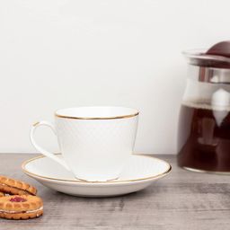 Femora Ceramic Gold Line Diamond Cut White Cup with Saucer Set of 12 Pcs | Tea/Coffee Cups 200 ml | Microwave & Dishwasher Safe | Bone-Ash Free | Crockery Set Ideal for Daily Use & Gifting, White image 5