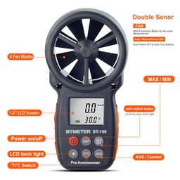 BTMETER Digital Anemometer Handheld - BTMETER BT-100 Wind Speed Meter Gauge, Accurately Measure Wind Temperature Speed CFM with MAX/MIN/AVG, Backlight LCD for Shooting, HVAC, Drone Flying image 4