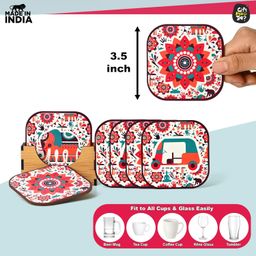gift kya de GKD Coaster Set of 6 Vibrant India Theme Design Wooden Coasters to Serve Tea Cups, Coffee Mugs and Glasses (3.8 x 3.8 inch) (Square) (Ecofriendly) image 3
