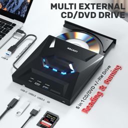 unitek External CD DVD Drive With USB C Hub, SD Card Reader, and USB 3.0 - Portable CD/DVD Player and Burner for Laptop, Desktop PC, Windows, Linux, Mac image 2