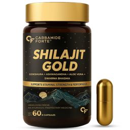 Carbamide Forte Shilajit Gold Capsules For Men With Swarna Bhasma,Gokshura,Ashwagandha | Himalayan Shilajit For Men | Shilajeet Gold Original | Shilajeet Capsule | 60 Veg Shilajit Capsules image 1