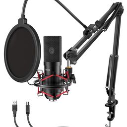 Fifine USB Gaming Microphone Set with Flexible Arm Stand Pop Filter, Plug and Play with PC Desktop Laptop Computer, Streaming Podcast Mic Kit for Home Studio (T732), Black image 1