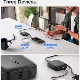 Spigen ArcPack 10000mAh Power Bank with Built-in USB-C Cable,30.0W Fast Charging, 1 Type-C Cable, 1 Type-C Port, 1 USB-A Port - (ABS + PC | Black) image 4