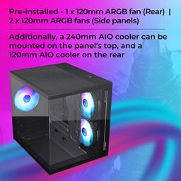 ZEBRONICS Argo Cube Form Factor Gaming Cabinet with Micro ATX, ITX, 2X 120mm Side + 120mm Rear Fan (ARGB Inner Glow), Tempered Glass Front & Side Panel, Type C(Black) image 2