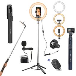 ustine USTINE® Youtuber Kit | 10" Ring Light | Imported mic | Extra-Long Selfie Stick with Large Reinforced Tripod Stand Upto 67 inch/170 cm with, BT Remote, Fb Videos, Reels, Vlog (with 10" Light) image 1