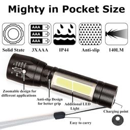 Care 4 High Quality LED Flashlight With COB Light Mini Waterproof Portable LED XPE COB Flashlight USB Rechargeable 3 Modes Pen Clip Light Flashlight With Hanging Rope Small Size Black Colored image 5