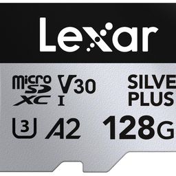 Lexar Silver Plus 128GB Micro SD Card, Microsdxc TF Card up to 205MB/s Reading, 150MB/s Write Micro SD+ Memory Card Adapter, A2, U3, Class 10, V30, Full HD and 4K UHD Video image 1