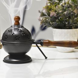 DSH Metal Incense Burner Loban Dani with Handle Dhoop Dani Dhuna Loban Burner Round Table-Top Iron Incense Holder for Loban Bakhoor Burner.(LBN-DOM-Black) image 1