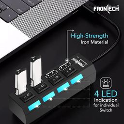 Frontech 2.0 USB Hub with 4 Port | Switches & LED Indicators | Extra Power Support|480 Mbps Speed - Each Port|Fuse Protection for PC, USB Flash Drives (NC-0033, Black) image 3