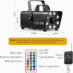 WISKA 500W Mini Smoke Machine, Multifunctional Indoor Fog Maker with Wireless Remote, 8 LED Lights, 12 Color Fogger for Wedding, Party, Pyro Effects, Mist Diffuser and Fogging Smoker image 2