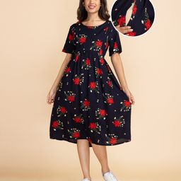 Bella Mama Three Fourth Sleeves Printed Flared Dress - Navy-image-4