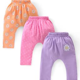 Babyhug Cotton Knee Length Diaper Leggings Floral Print Pack of 3 - Pink & Lilac-image-40