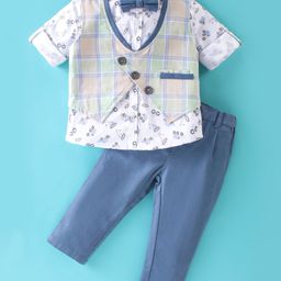 ToffyHouse 100% Cotton Full Sleeves Checked Party Suit With Waist Coat & Bow- Blue & White-picture-6