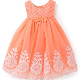 Babyhug Woven Sleeveless Party Dress with Floral Embroidery - Coral-image-79