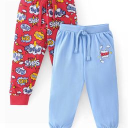 Babyhug Cotton Full Length Lounge Pants Text Print Pack of 2 - Blue & Red-image-57