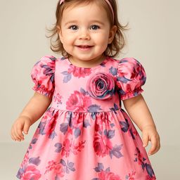 Babyoye Half Sleeves Party Frock with Floral Print - Pink-picture-4