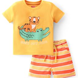 Babyhug Cotton Knit Single Jersey Half Sleeves Night Suit With Tiger & Crocodile Print - Yellow-picture-26