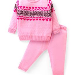 Babyhug Knitted Full Sleeves Pullover Sweater Set with Intarsia Design- Light Pink-image-71