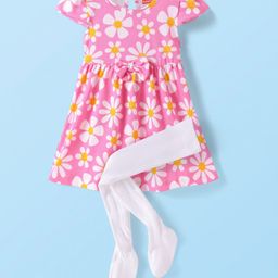 Babyhug Single Jersey Knit Half Cap Sleeves Floral Printed Frock with Leggings & Bow Applique - Pink-image-77