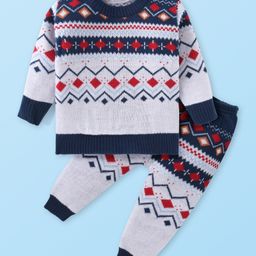 Babyhug Knitted Full Sleeves Pullover Sweater Set With Aztec Design - Navy Blue & Grey-image-68