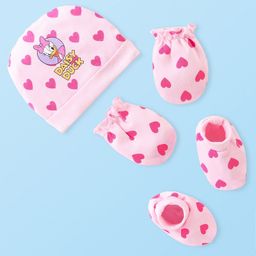 Babyhug Disney Cotton Knit Cap Mittens & Booties Set with Heart & Daisy Duck Graphic - Pink-image-55