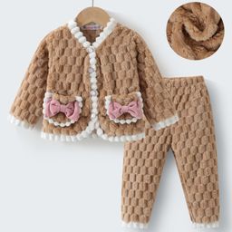 Kookie Kids Winter Wear Full Sleeves Night Suit with Bow Applique - Tan-image-94