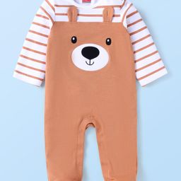 Babyhug Cotton Knit Full Sleeves Striped Sleep Suit With Teddy Bear Print & Ear Applique - Light Brown-image-14
