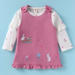 ToffyHouse Interlock Knit Frock & Full Sleeves Inner Tee With Floral Print & Embroidery - Pink & White-image-27