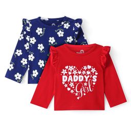 Doodle Poodle 100% Cotton Knit Full Sleeves Floral & Text Printed Tops with Frill Detailing Pack of 2 - Red & Navy Blue-image-52