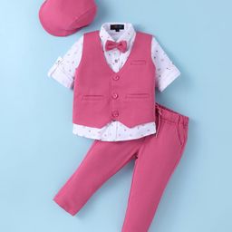 Robo Fry Lycra KnitFull Sleeves Nautical ThemePrinted 3 Piece Party Suit with Hat & Bow - Dark Pink-picture-46