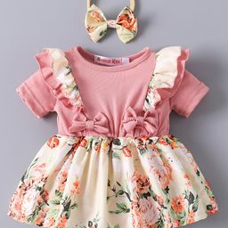 Kookie Kids Half Sleeves Floral Printed Frock Style Onesie with Headband & Bow Applique - Pink-image-50