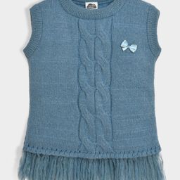 Mi Arcus Sleeveless Cable Knit Designed Sweater With Bow Applique - Blue-image-54