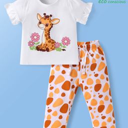 Babyoye100% Cotton Knit Half Sleeves Night Suitwith Giraffe Print - White & Orange-image-45