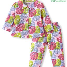 Babyoye Eco Conscious 100% Cotton Knit Full Sleeves Night Suit with Leaves Print - White-picture-44